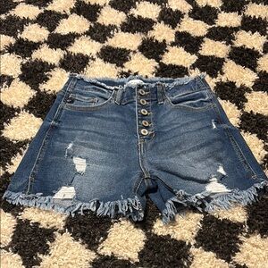 KanCan Medium Wash Frayed Jean Shorts